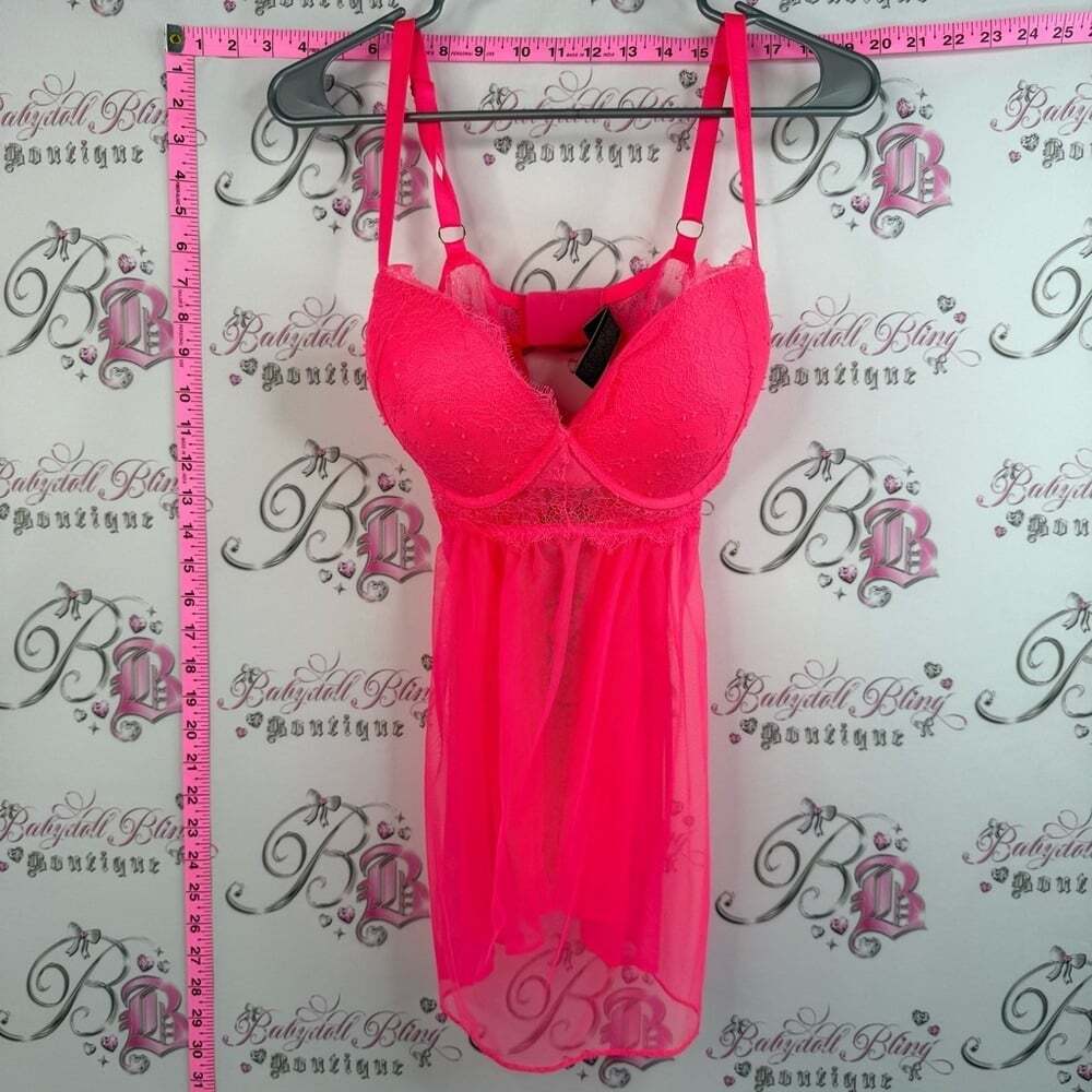 Victoria's Secret tank top mini dress lace neon Hot Pink Lace & Mesh Chemise